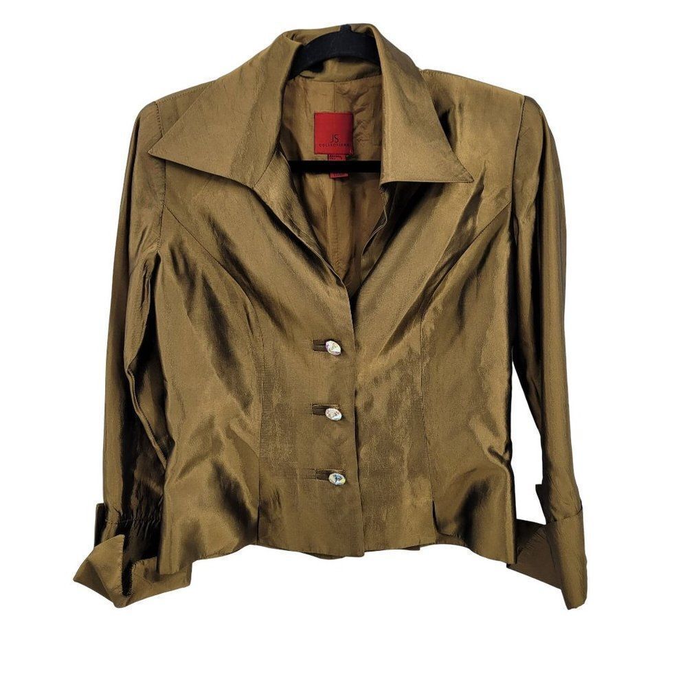 Vintage 80's Blouse‎ 8 Bronze Formal Metallic Dagger Collar Jewel Buttons Glam